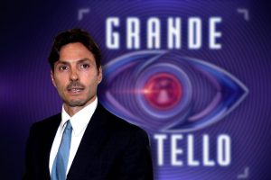 Sfondo logo grande fratello e primo piano piersilvio berlusconi