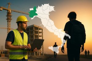 Lavoratore in cantiere, cartina geografica con evidenziato il Piemonte e giovani nell'ombra: lavoro in Piemonte contro il resto d'Italia