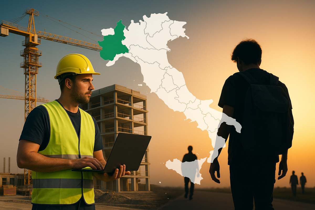 Lavoratore in cantiere, cartina geografica con evidenziato il Piemonte e giovani nell'ombra: lavoro in Piemonte contro il resto d'Italia