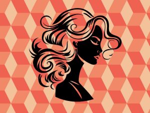Sfondo fantasia e sagoma di una donna con la piega voluminosa