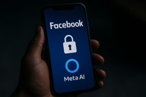 Illustrazione, sfondo di uno smartphone con logo Facebook, un lucchetto e logo meta ai