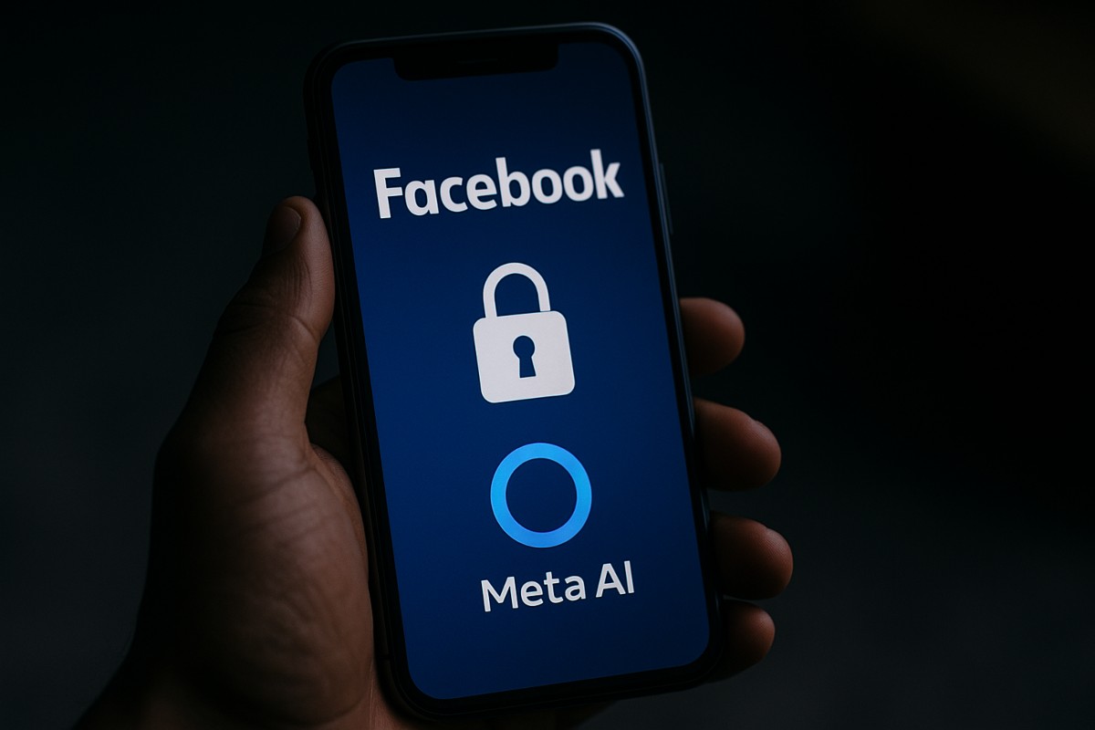 Illustrazione, sfondo di uno smartphone con logo Facebook, un lucchetto e logo meta ai