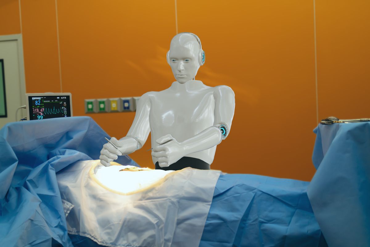 Illustrazione di un robot che effettua un'operazione chirurgica