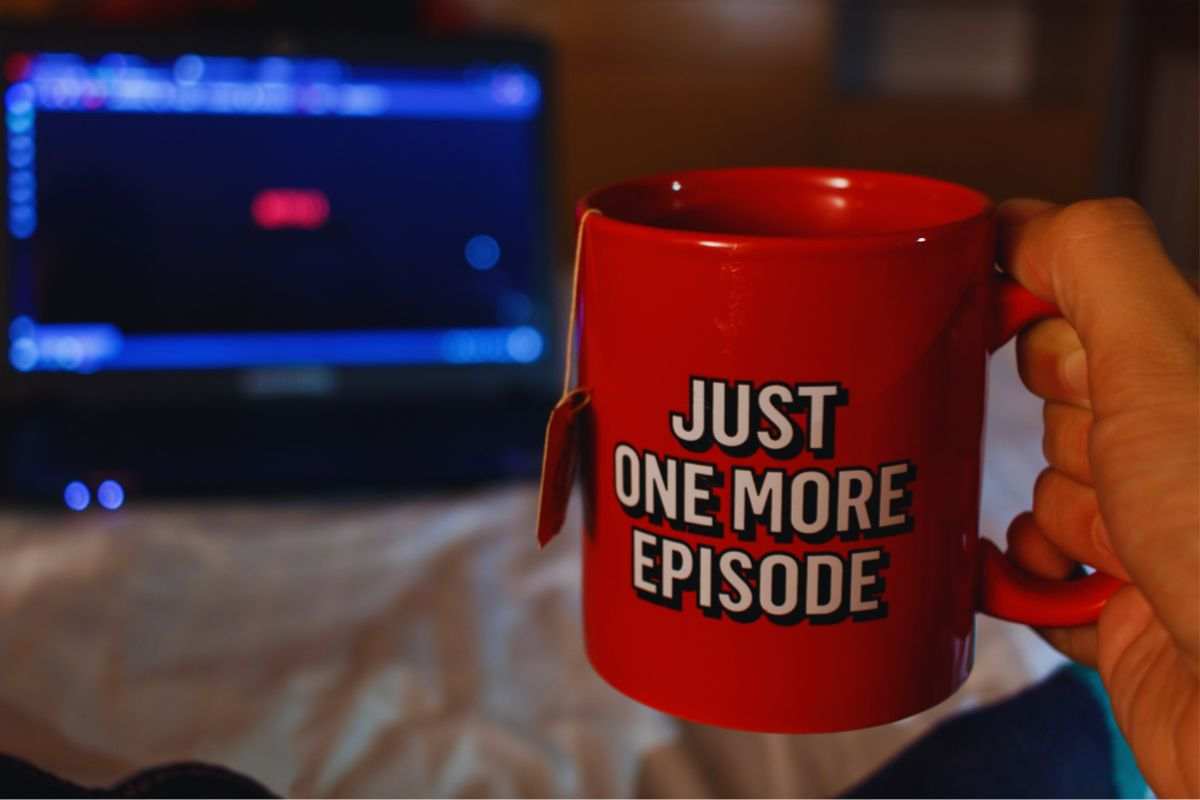 Persona seduta sul letto che mostra una tazza con su scrito "Just one more episode"