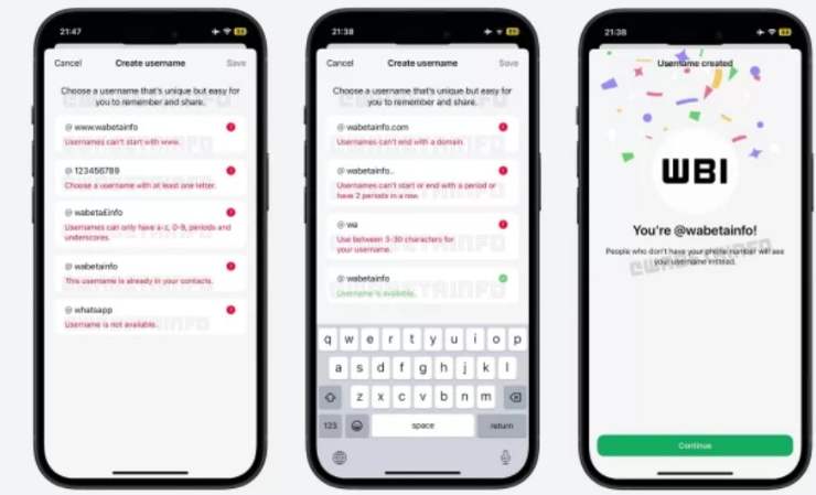 Schermate che mostrano la creazione dell'username su WhatsApp
