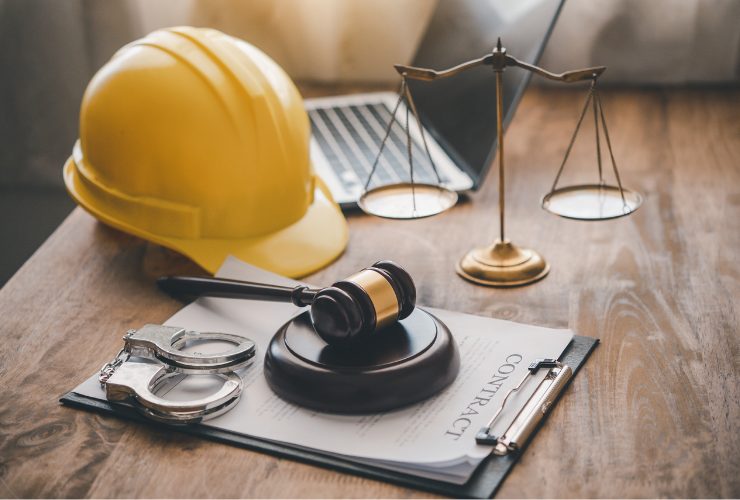 simboli di giustizia e caschetto da cantiere