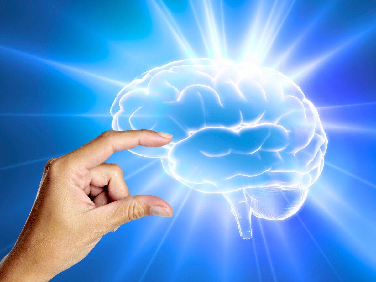 sfondo cervello digitalizzato e mano che indica piccolo