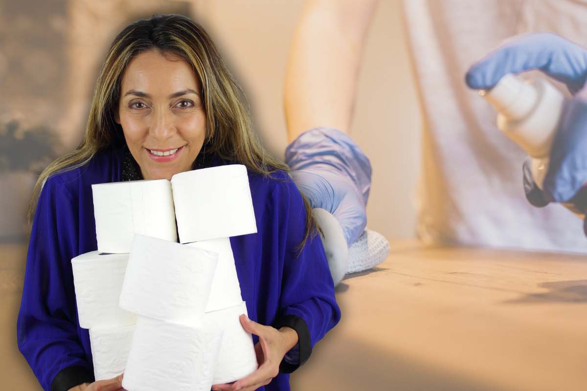 collage donna con carta igienica e persona che pulisce il tavolo