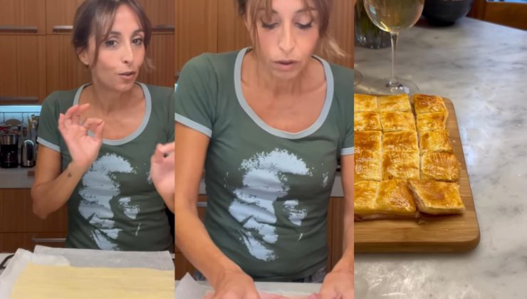 Collage di Benedetta Parodi che prepara sfoglia di formaggio e prosciutto