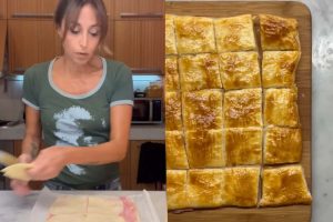 Collage di Benedetta Parodi in cucina e sfoglia al prosciutto e formaggio
