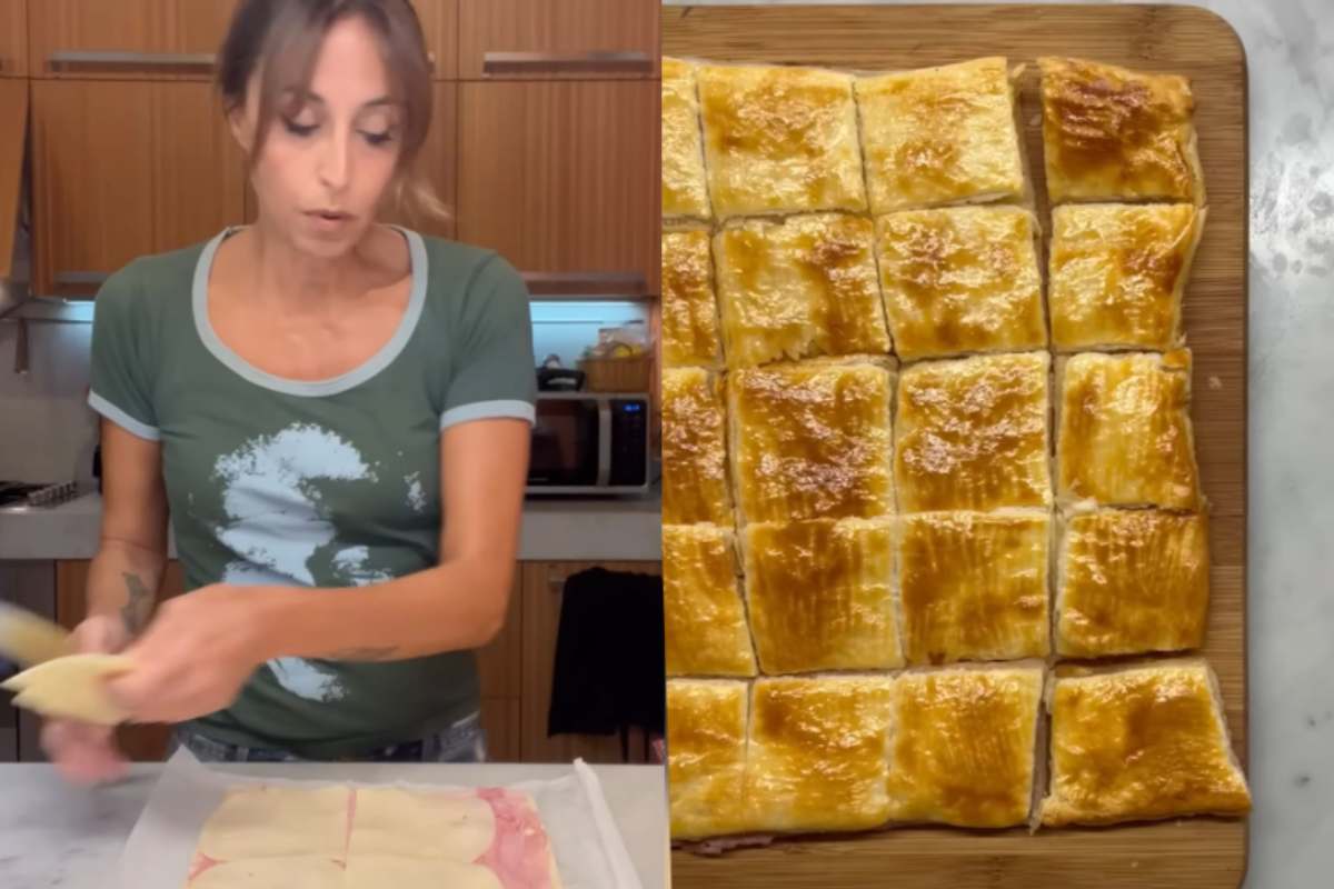 Collage di Benedetta Parodi in cucina e sfoglia al prosciutto e formaggio