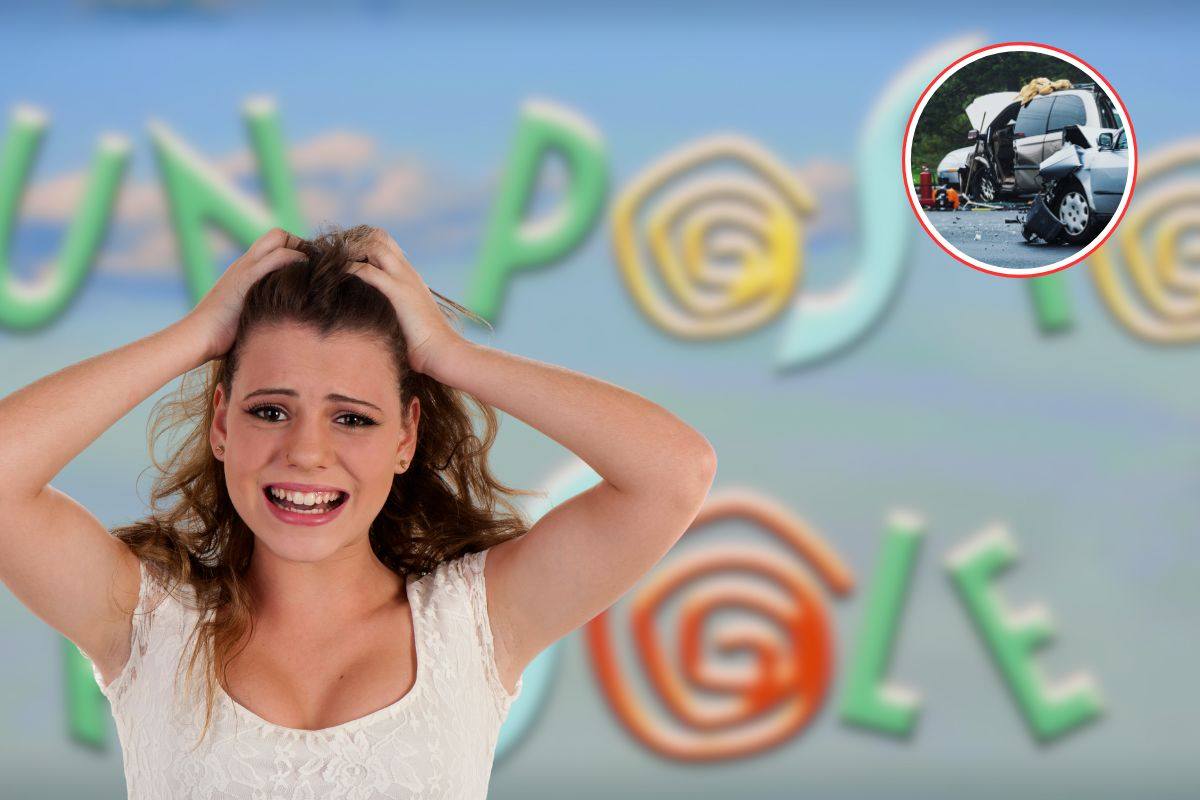 logo upas, incidente d'auto in icona e donna spaventata